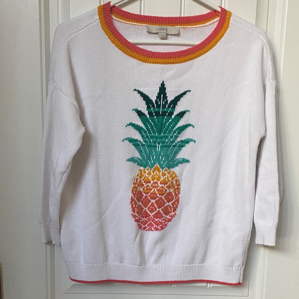 LOFT Women's White Sweater with Colorful Pineapple Motif